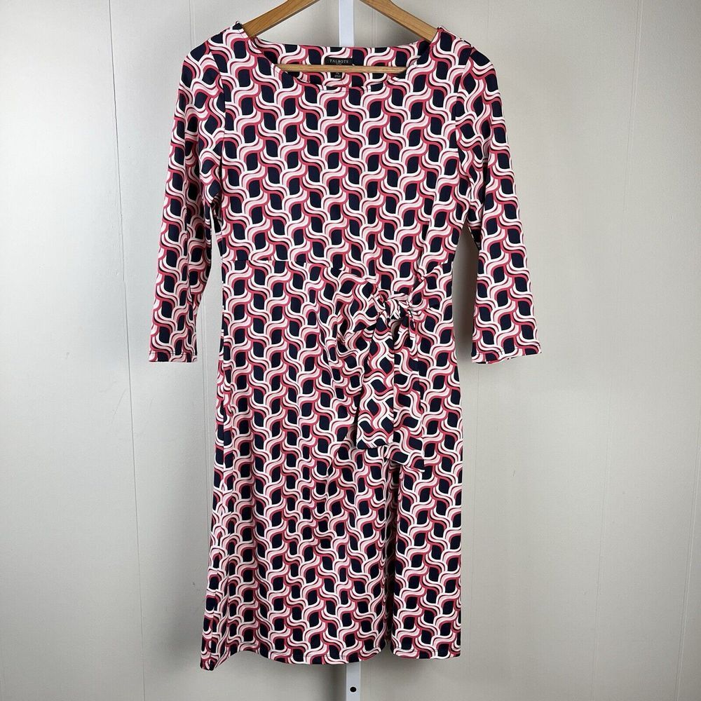Talbots Petites Midi Dress Geometric Faux Wrap Pink‎ Black Womens MP NWT